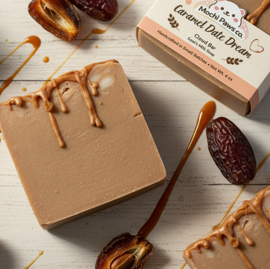 Bar of soap with caramel drizzle next to a box labeled 'Caramel Date Dream' on a wooden surface.