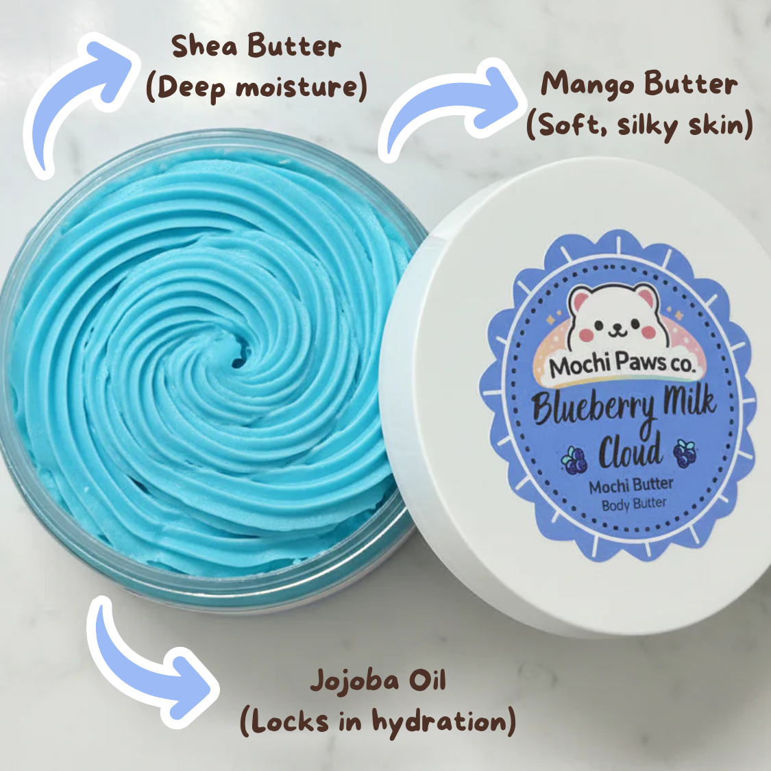 Blueberry Milk Cloud Mochi Butter with labels for Shea Butter, Mango Butter, and Jojoba Oil on a white background.