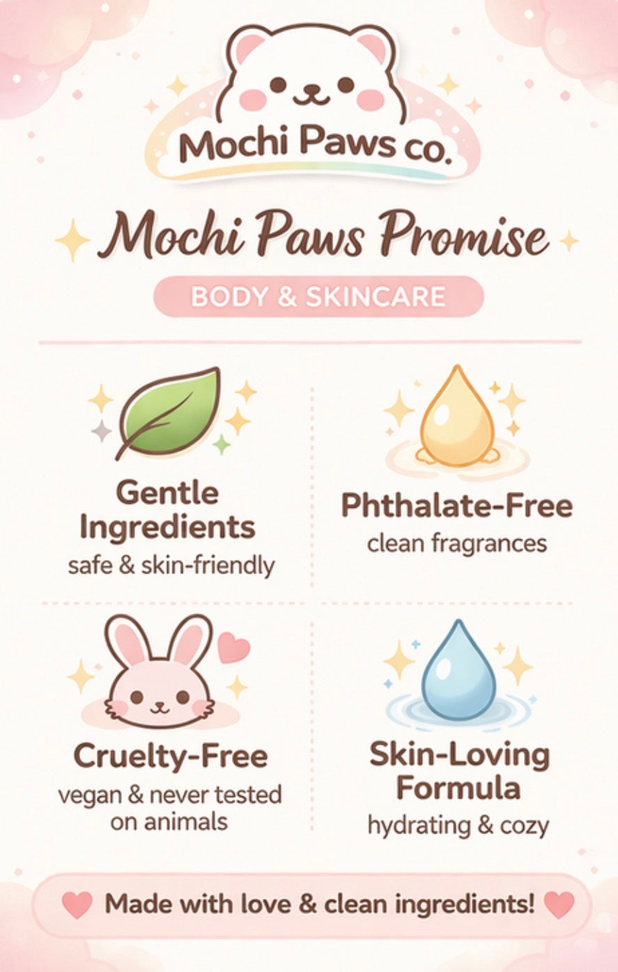 Mochi Paws co. product label with branding and product features on a light pink background.