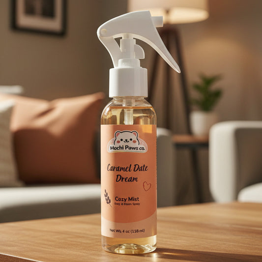 Bottle of 'Caramel Date Dream' Cozy Mist on a wooden table with a blurred living room background.