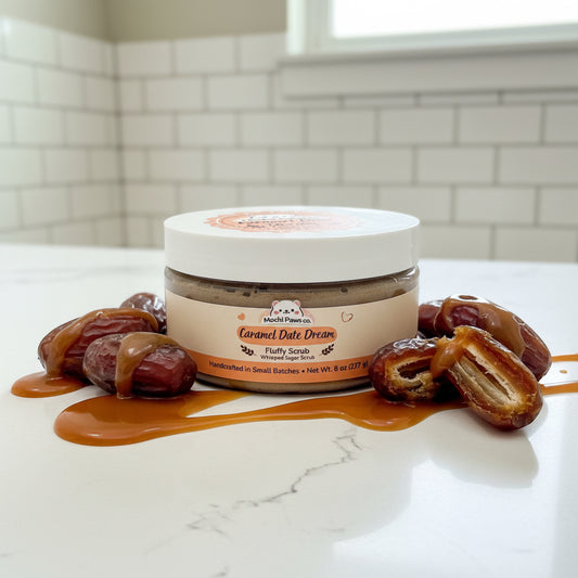 Jar of Mochi Paws Co. Caramel Date Dream Fluffy Scrub on a white background