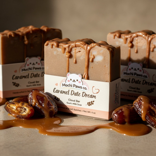 Caramel date dream soap bar with visible ingredients on a wooden surface