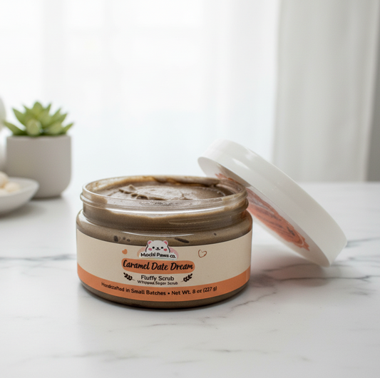 Jar of coconut body cream on a marble surface with a blurred background