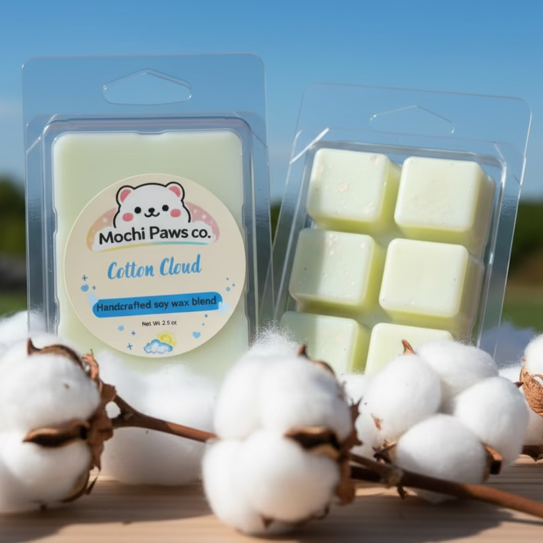 Mochi Paws co. Cotton Cloud wax melts with cotton flowers in the background