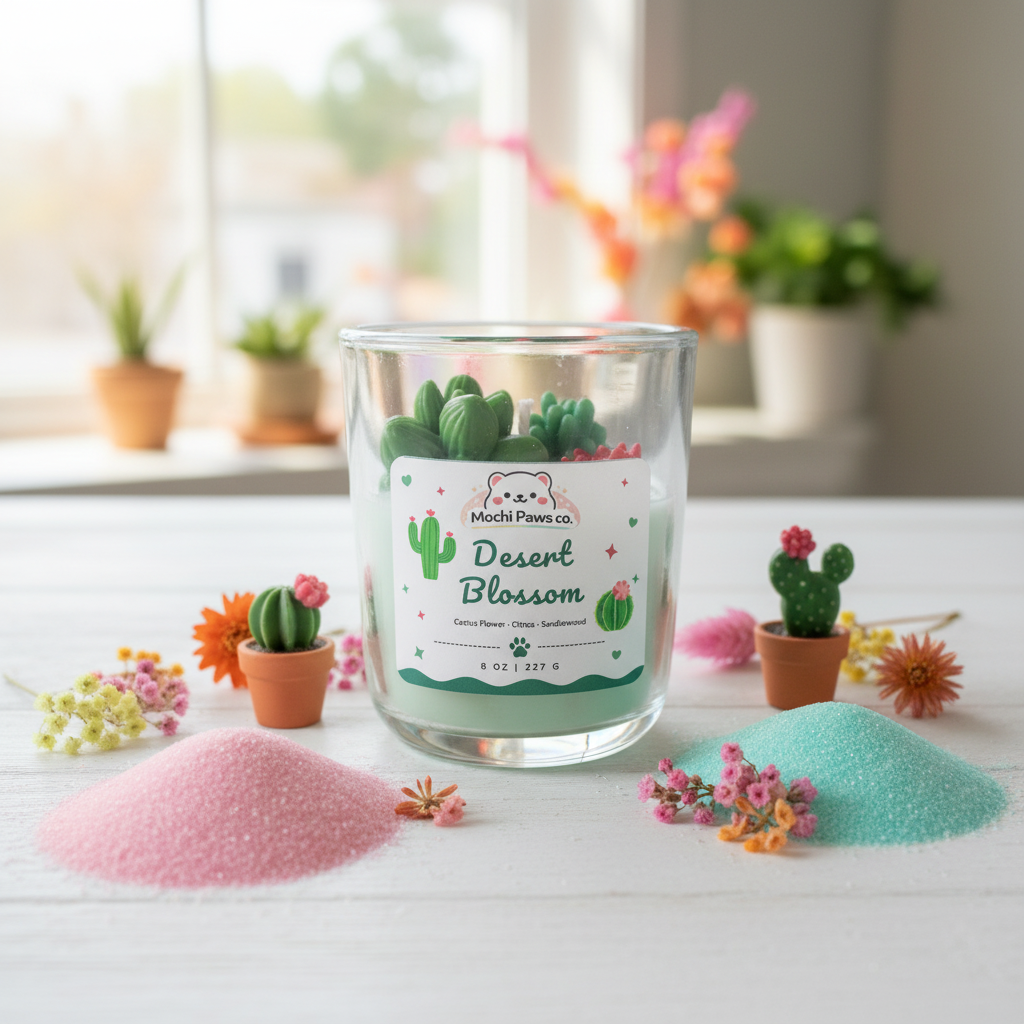 A clear glass candle jar labeled 'Desert Blossom' by Mochi Paws Co., filled with green cactus-shaped wax, set on a white tabletop with pink and blue sand piles and small cactus decorations in a softly blurred indoor setting.