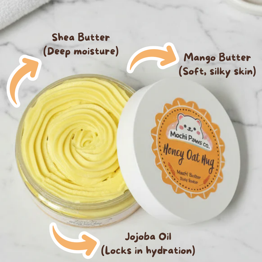 Honey oat product with labeled ingredients on a marble background