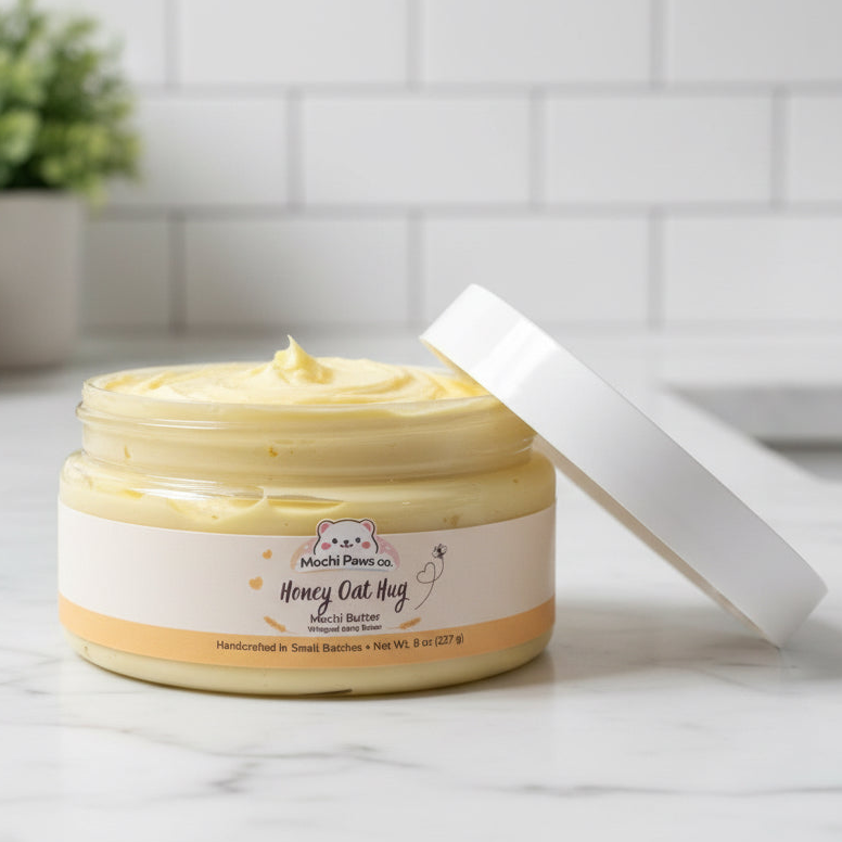 Jar of 'Honey Oat Hug' mochi butter with a white lid on a marble surface.