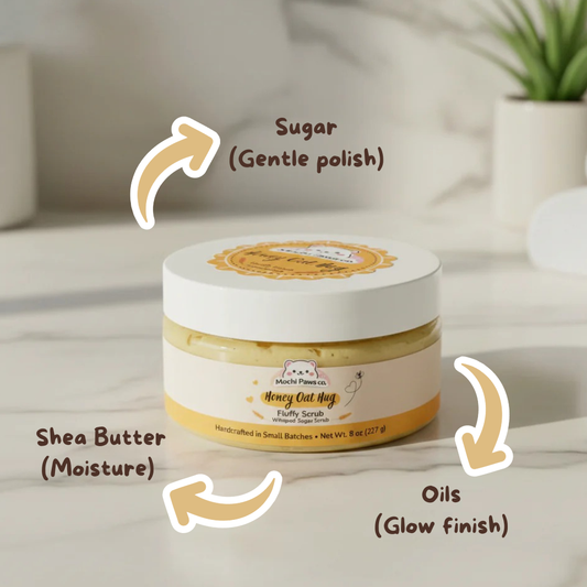 Jar of honey oatmeal scrub with labeled ingredients on a neutral background