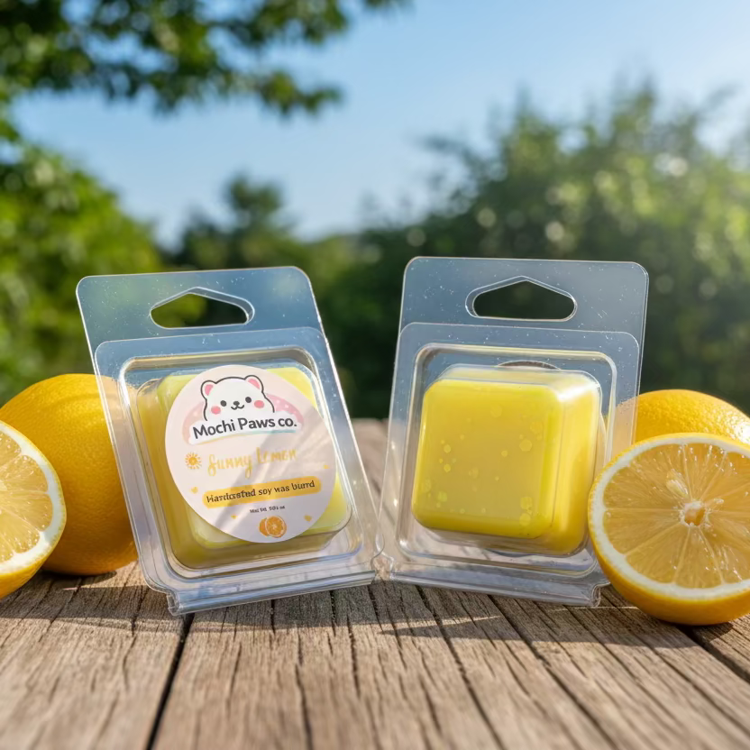 Two packages of Mochi Paws co. wax melts with lemons on a wooden surface outdoors.