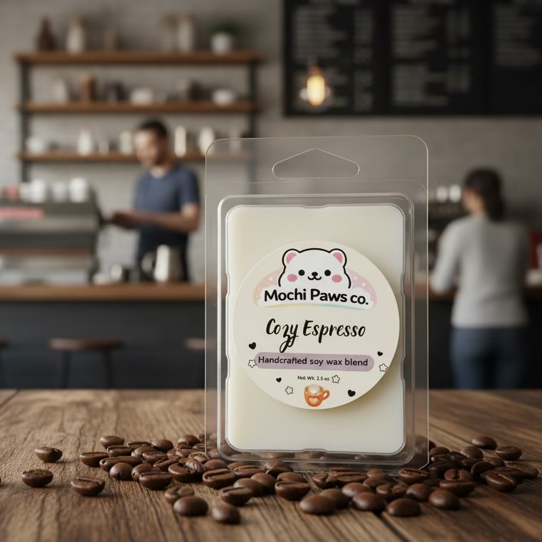 Mochi Paws co. Cozy Espresso wax melt packaging with a cup of coffee and beans on a wooden table.