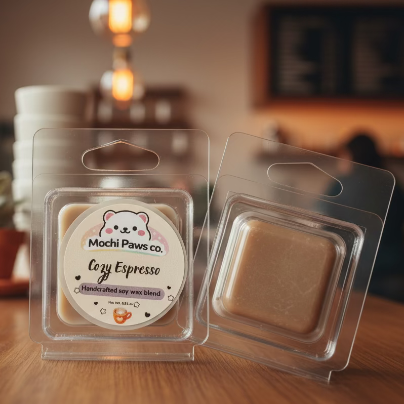 Two wax melts in packaging with a cup of coffee on a wooden table.