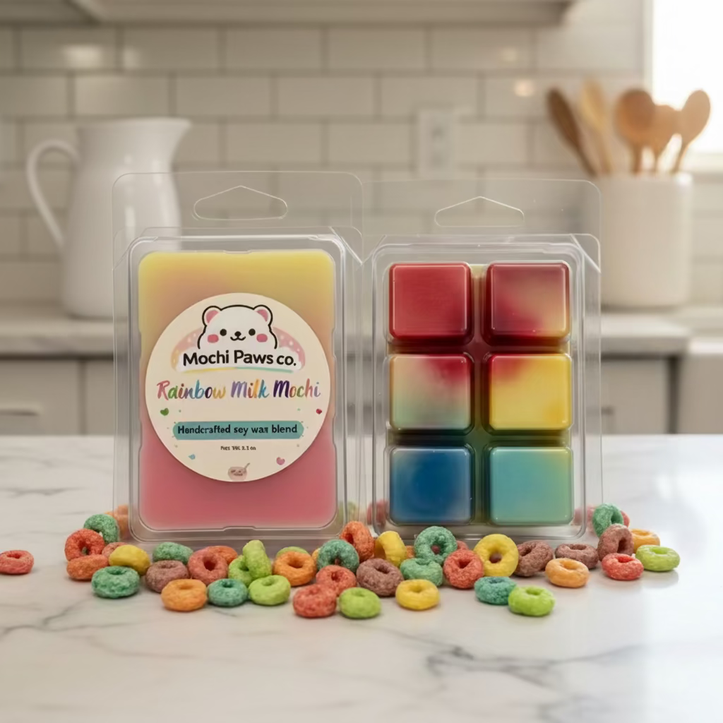 Packaged rainbow-colored treats with 'Mochi Paws co' label on a kitchen counter.