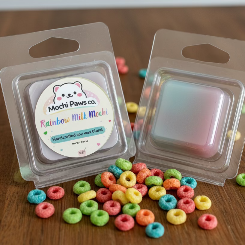Mochi Paws co. Rainbowl Milk Mochi wax melts with colorful cereal on a kitchen counter.