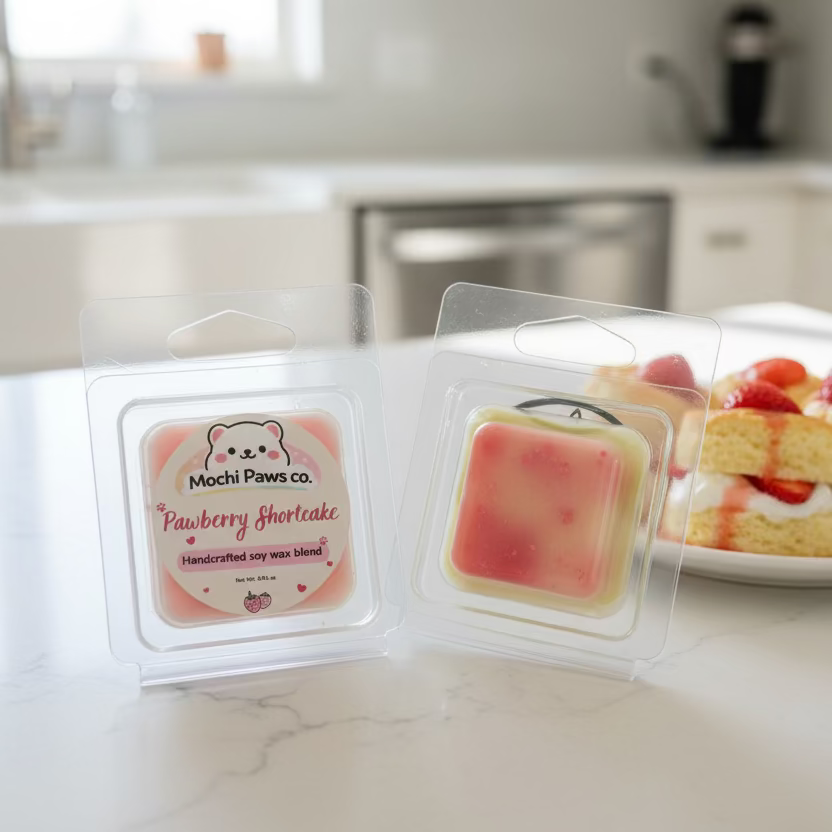 Mochi Paws co. strawberry shortcake on a kitchen counter