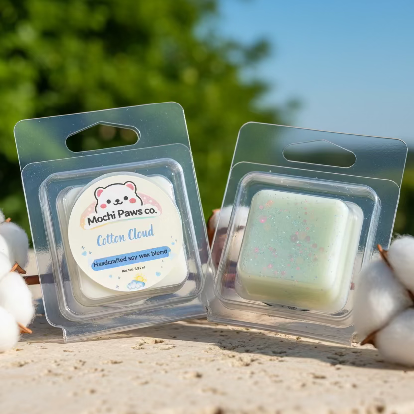 Two Mochi Paws co. wax melts in clear packaging with a cotton background