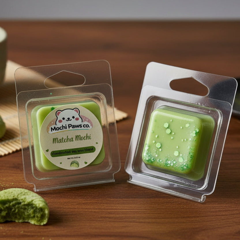 Green matcha puffs with packaging on a wooden table