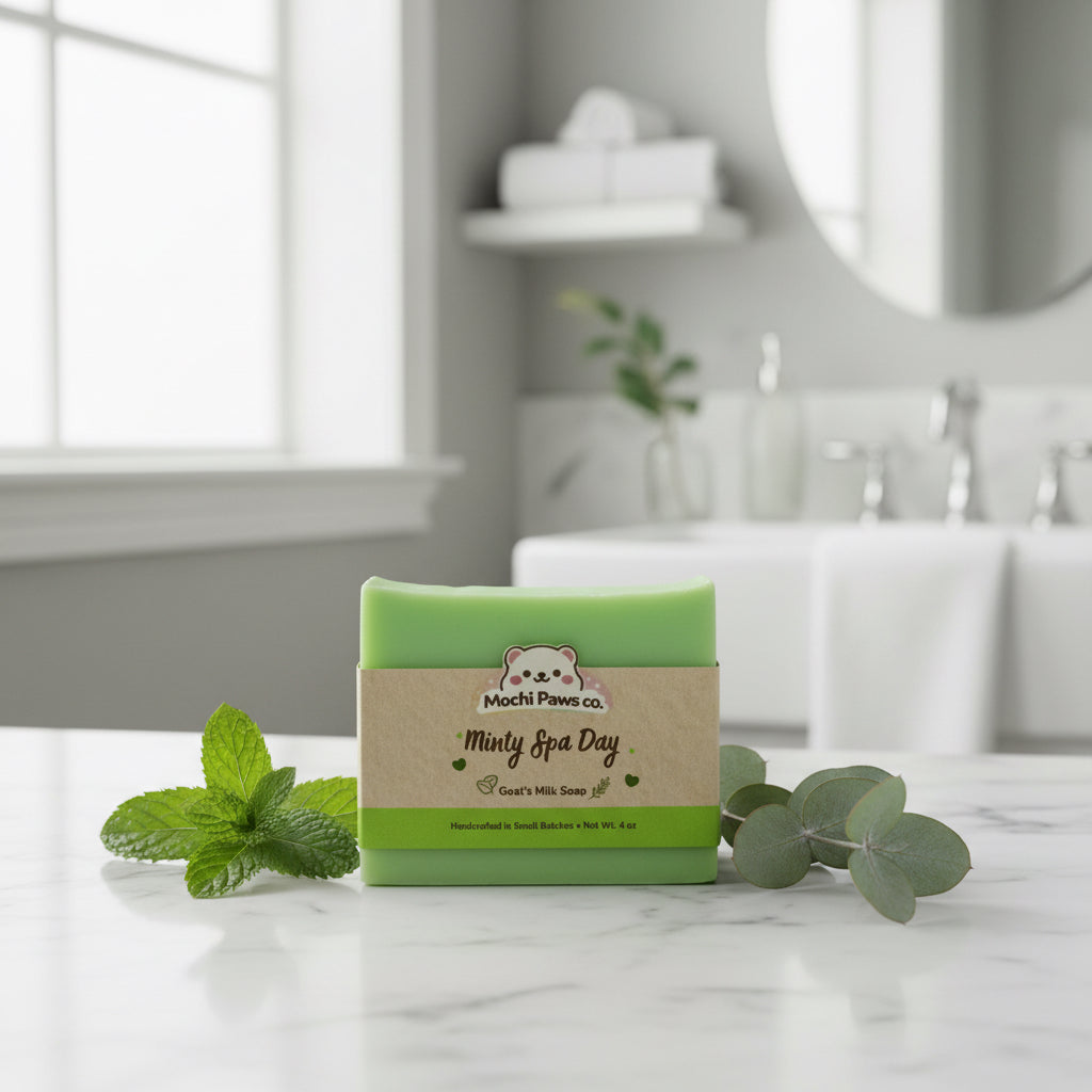 Green soap bar with 'Mochi Paws co.' branding on a gray background