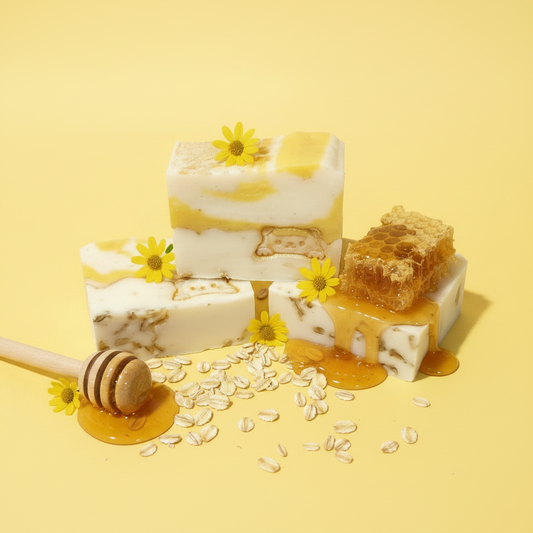 Three decorative bars of honey-infused soap stacked together on a pale yellow background, with oats, honey, a honeycomb piece, and a wooden honey dipper arranged around them.