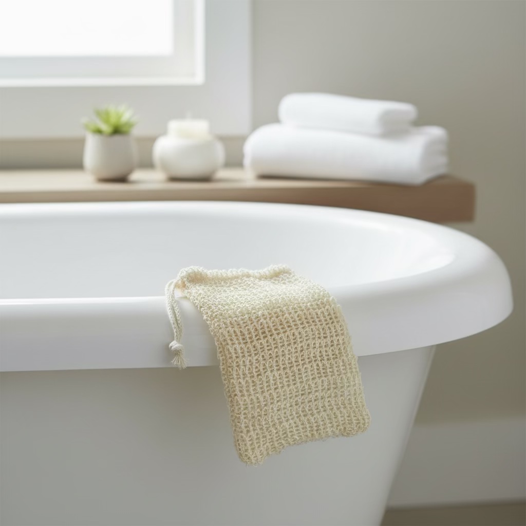 White bathtub with a beige loofah and folded white towels on a wooden shelf in a bathroom.