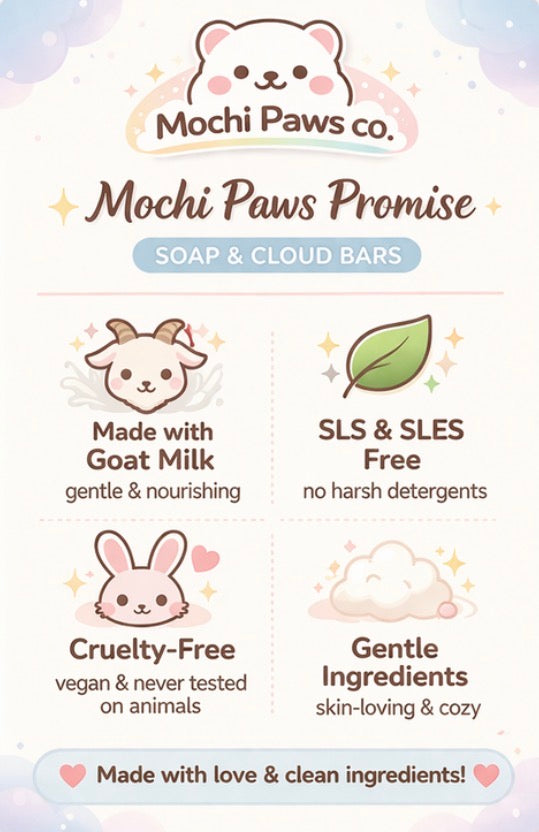 Mochi Paws co. soap and cloud bars packaging with product features.