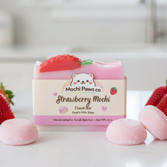 Bar of soap with strawberry flavor packaging labeled 'Mochi Paws co.' on a white surface with strawberries.
