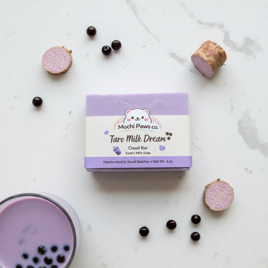 Mochi Paws co Taro Milk Dream cloud bar soap packaging on a gray background