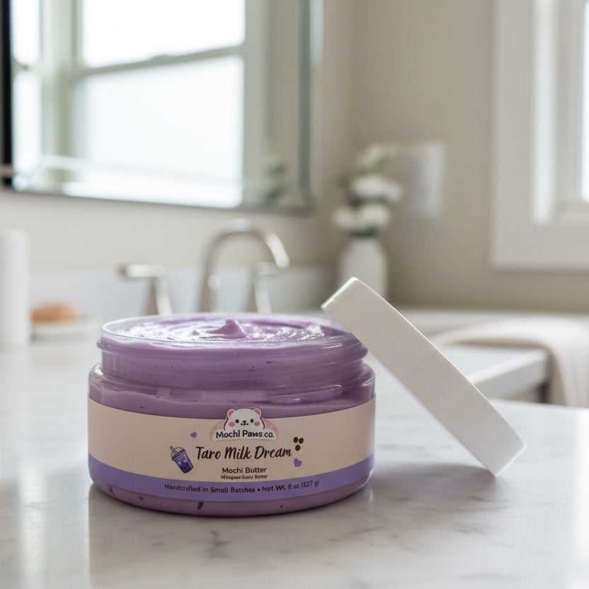 Purple jar of Mochi Paws Co. Taro Milk Dream on a marble surface with a blurred kitchen background