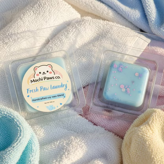 Two small square soaps in clear packaging on a soft fabric background