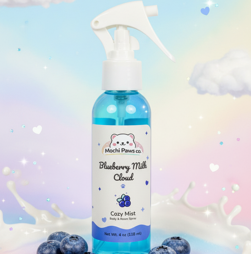 Bottle of Mochi Paws Co. Blueberry Milk Cloud Cozy Mist with a colorful background