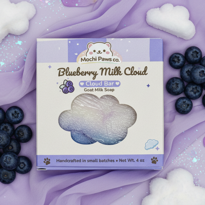 Mochi Paws co Blueberry Milk Cloud soap bar packaging with blueberries on a purple background