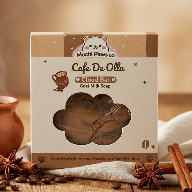 Box of Cafe De Olla Cloud Bar Goat Milk Soap from Mochi Paws co on a wooden surface with coffee beans and cinnamon sticks.
