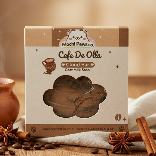 Box of Cafe De Olla Cloud Bar Goat Milk Soap from Mochi Paws co on a wooden surface with coffee beans and cinnamon sticks.