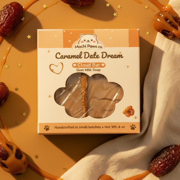 Mochi Paws Co. Caramel Date Dream cloud bar soap packaging on a decorative plate with dates.