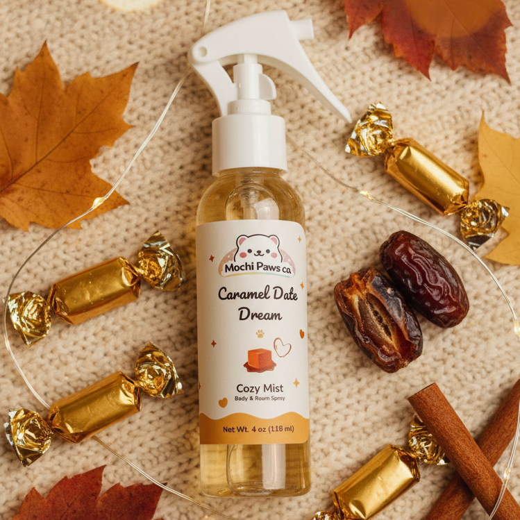 Mochi Paws Co. Caramel Date Dream Cozy Mist bottle surrounded by candies, dates, and cinnamon sticks on a textured surface.
