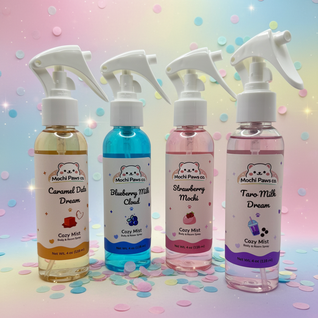 Four bottles of Mochi Paws Co. Cozy Mist on a colorful background