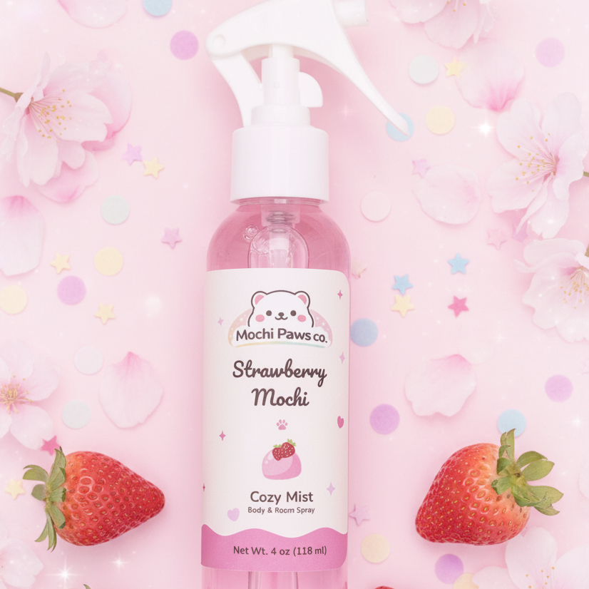 Bottle of Mochi Paws Strawberry Mochi Cozy Mist on a pink floral background