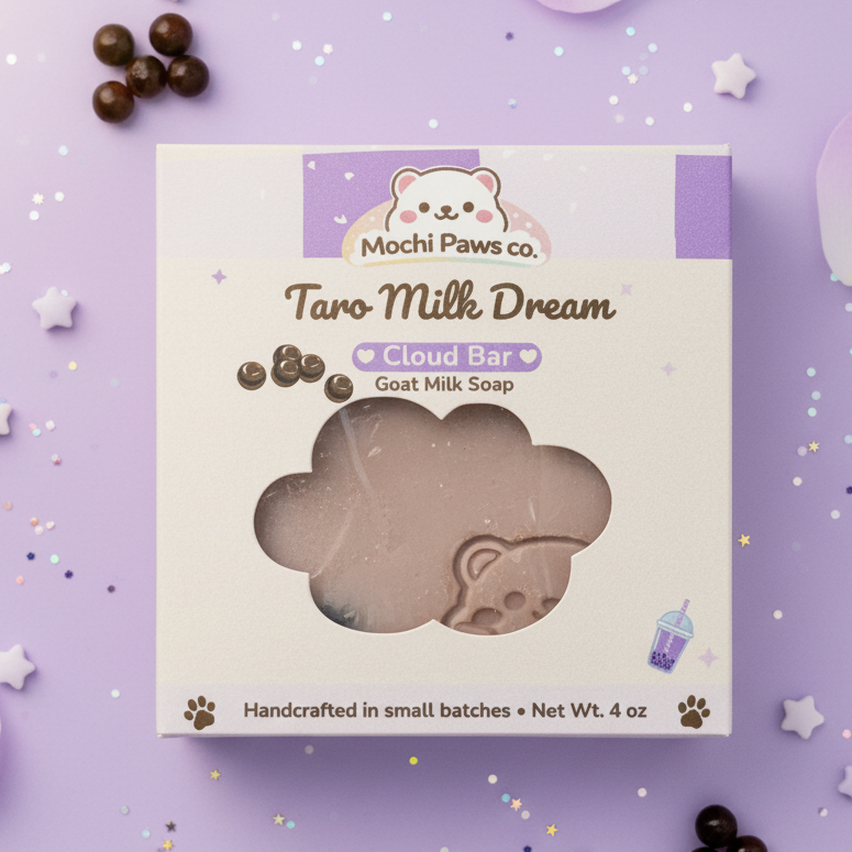 Mochi Paws co. Taro Milk Dream cloud-shaped soap bar packaging on a purple background