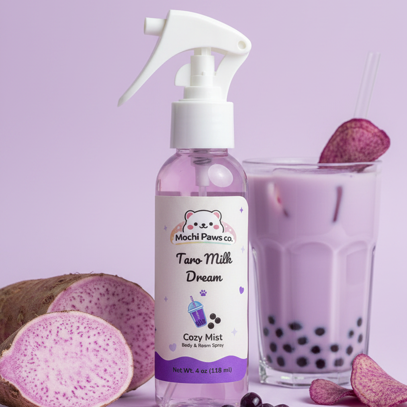 Bottle of Mochi Paws Co. Taro Milk Dream Cozy Mist with taro root and boba drink on a purple background